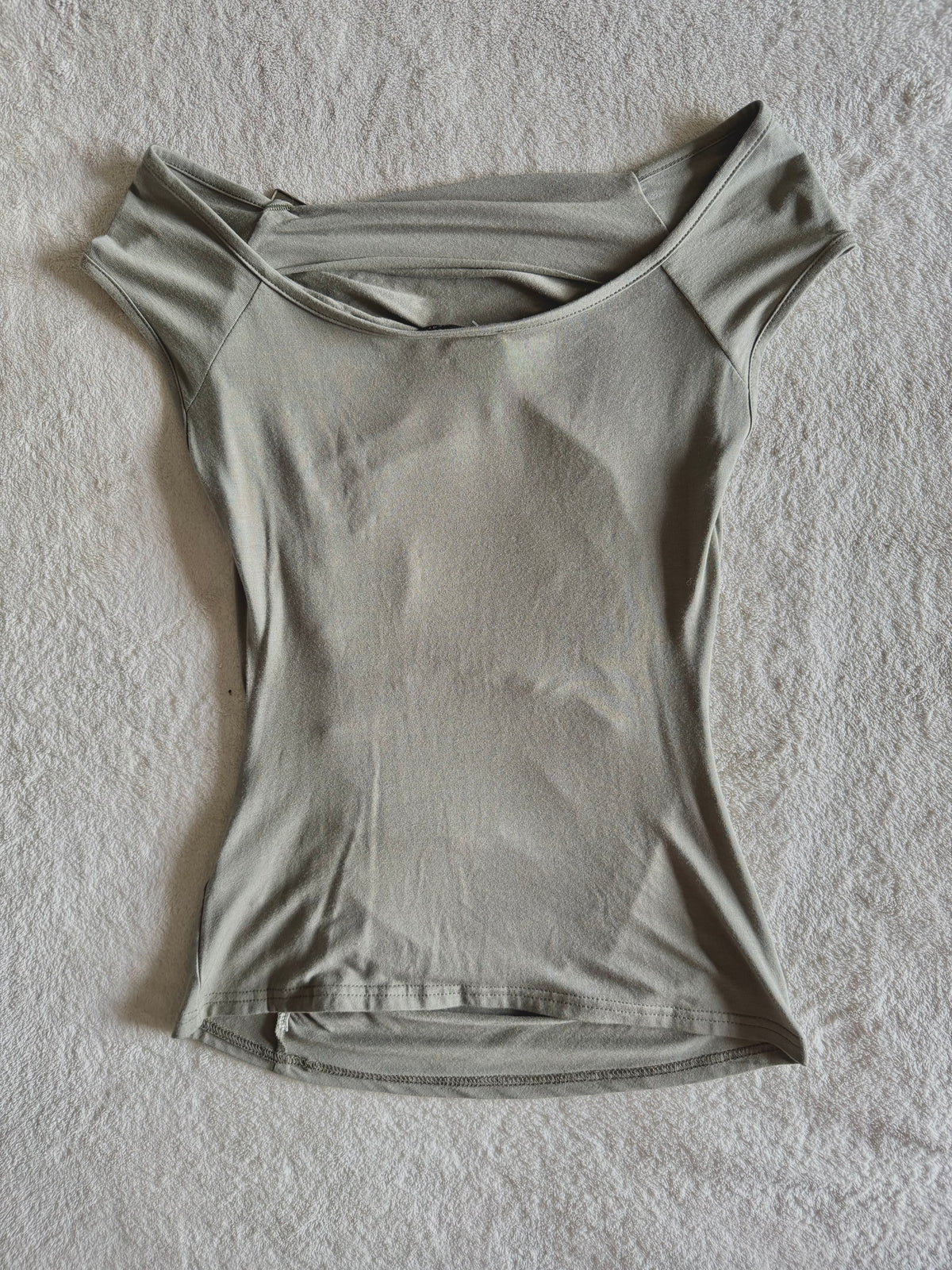 y2k vintage khaki green ruched fitted off shoulder fitted top with golden buckle detail