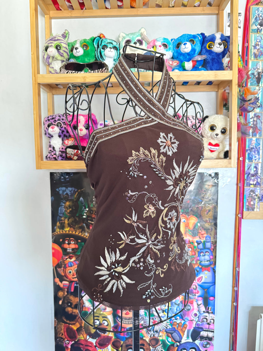 y2k vintage chocolate brown floral embroidered sequin halterneck fitted top fairycore