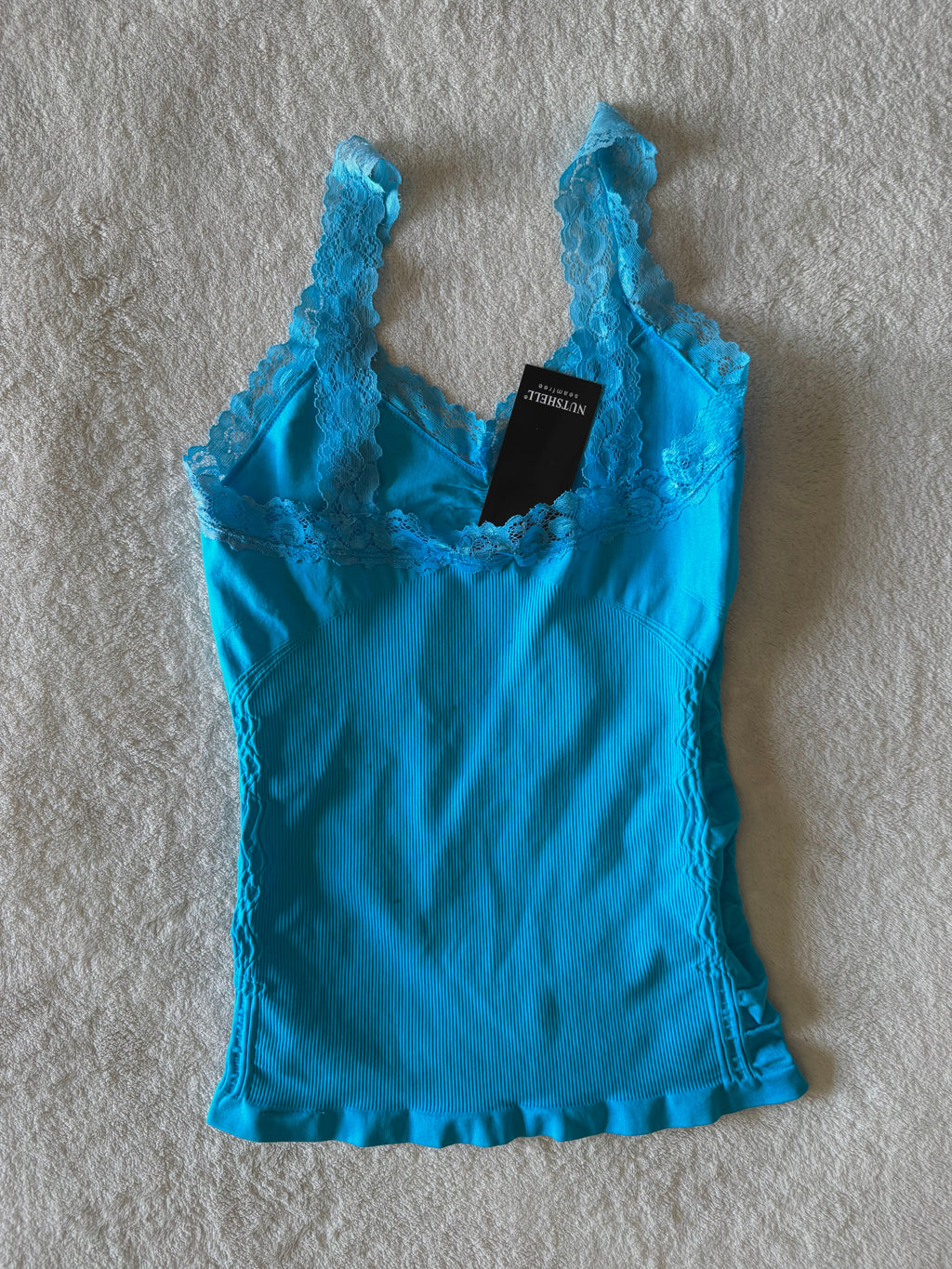 y2k vintage aqua blue seamless cami top with lace trimmings and rhinestones