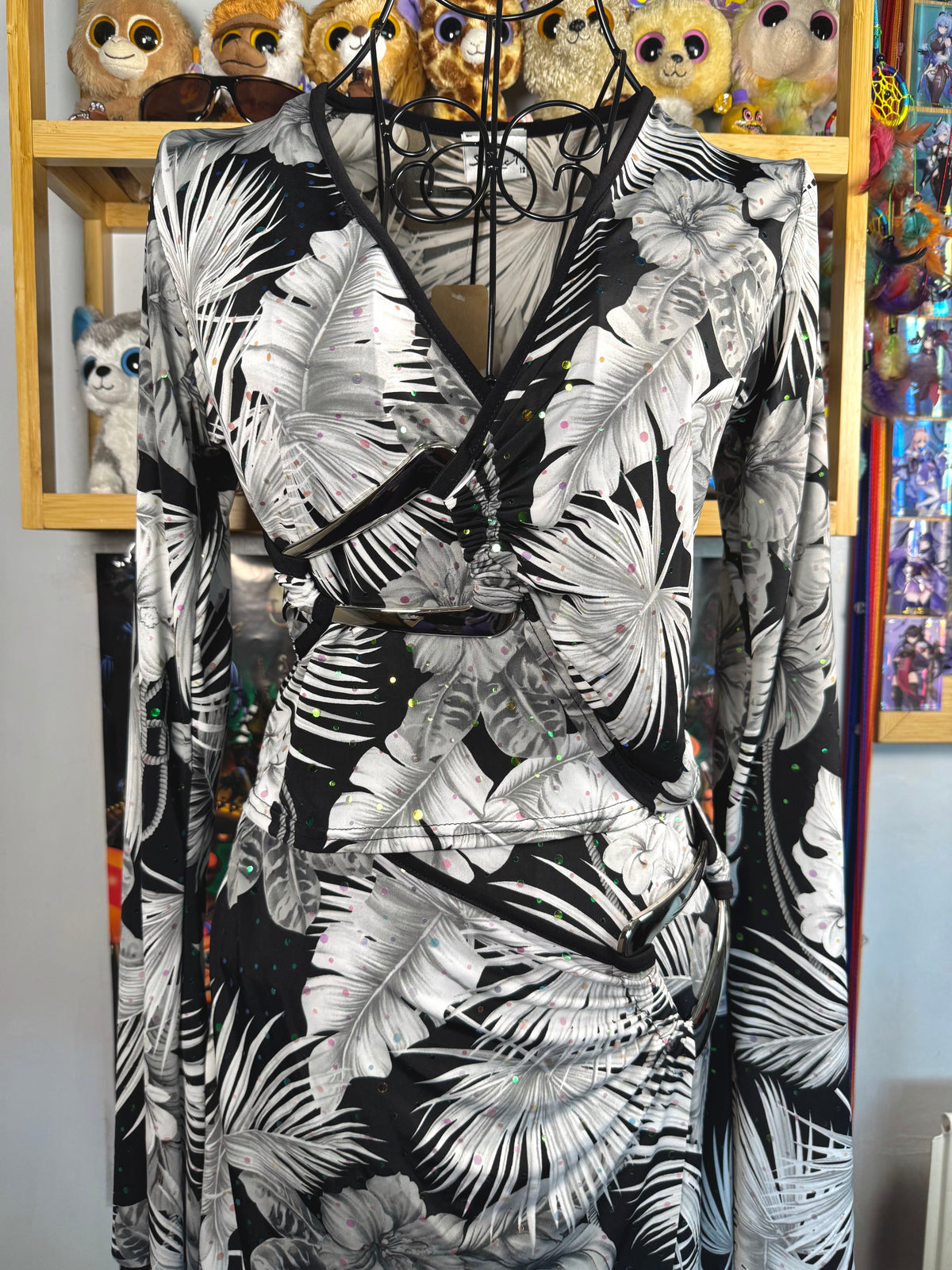 y2k vintage silver slinky 2 piece set flared sleeve top and asymmetrical midi skirt