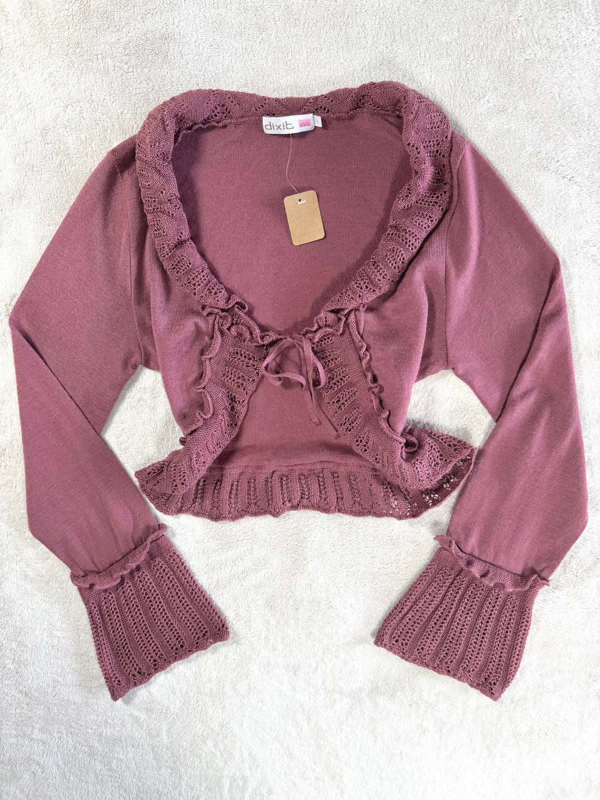 y2k vintage dusty pink fitted cropped tie front flared sleeve cardigan