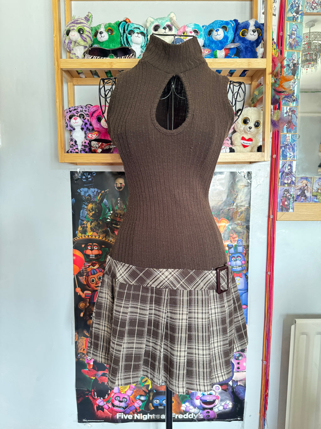 y2k vintage chocolate brown sleeveless fitted pleated mini dress with plaid and chest cut out