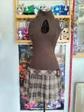 y2k vintage chocolate brown sleeveless fitted pleated mini dress with plaid and chest cut out