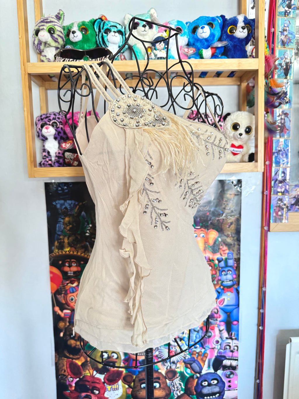 y2k vintage bnwt deadstock beige fitted layered silk cami top with feathering and sequins