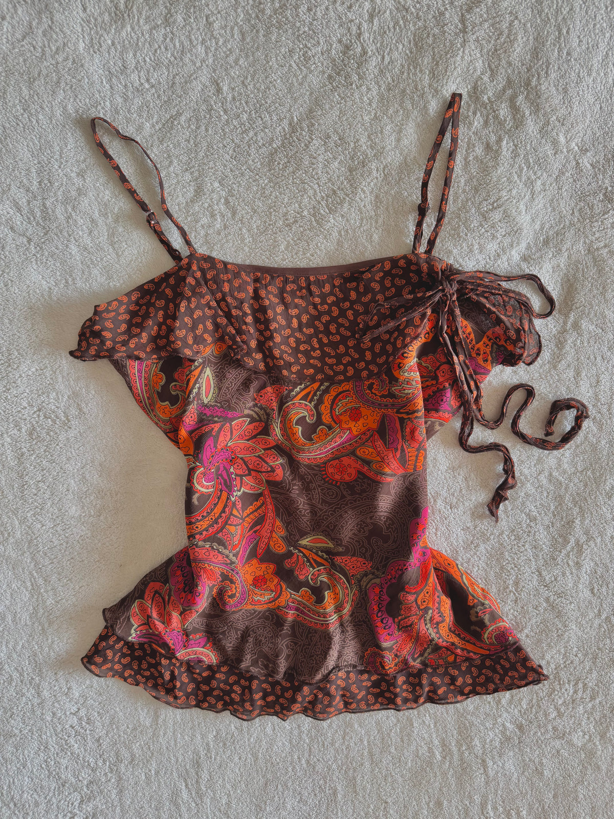 y2k vintage fitted brown and orange paisley print cami top
