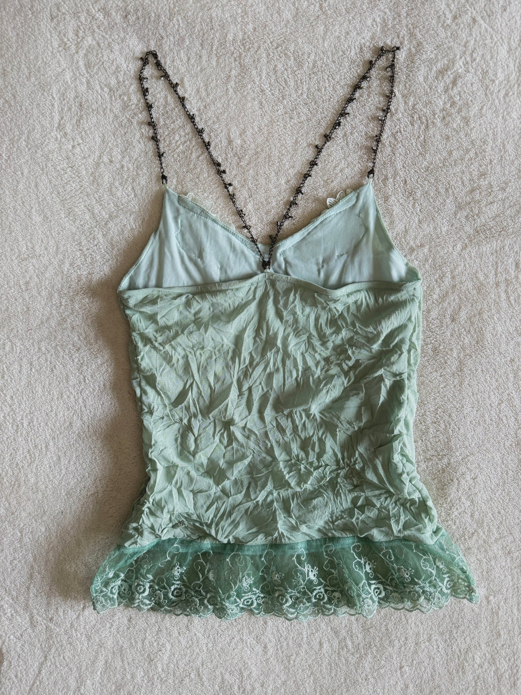 y2k vintage pale sage green mesh fitted cami top with lace trim and beaded chain straps