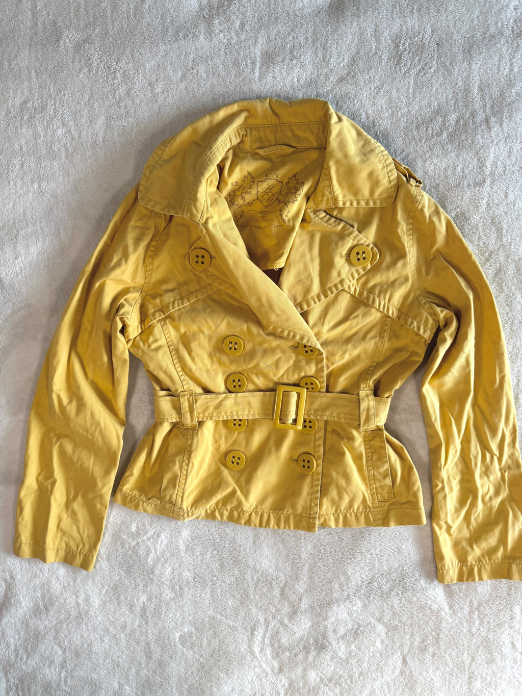 y2k vintage mustard yellow fitted button up peacoat with adjustable belt
