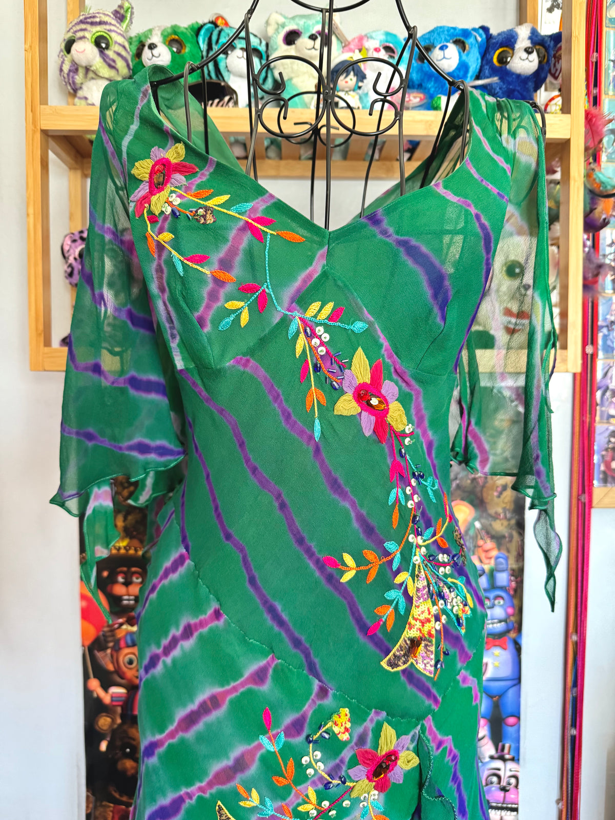 y2k vintage silk green flowy midaxi length dress with multicoloured embroidered details