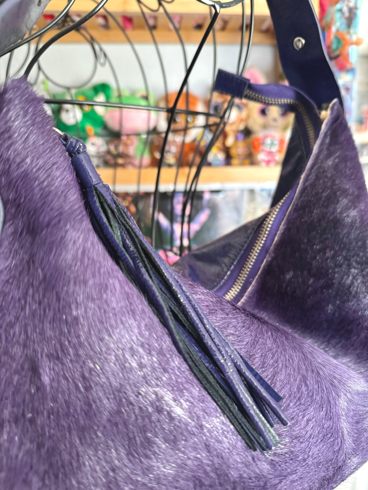 y2k pony hair violet purple slouchy boho handbag with real suede and leather