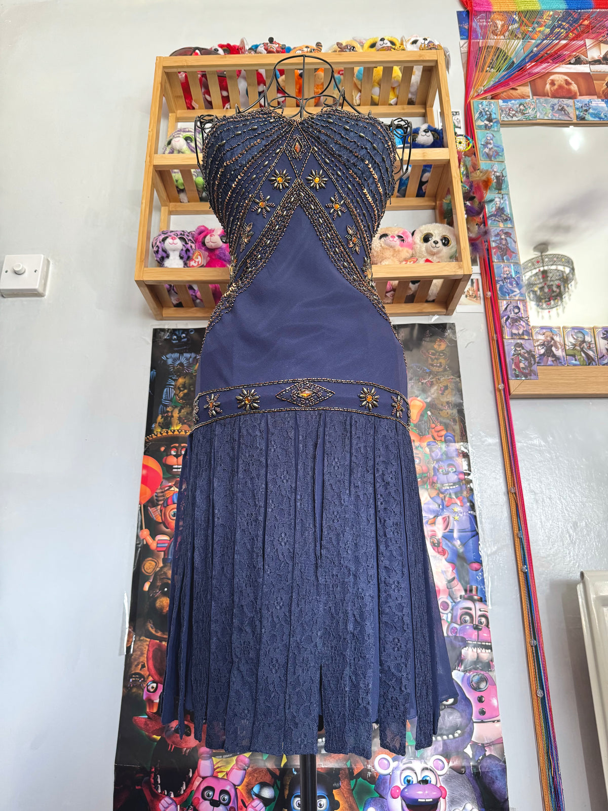 vintage 90’s royal navy blue silk dress gold and bronze beading embellishments astrology astronomy