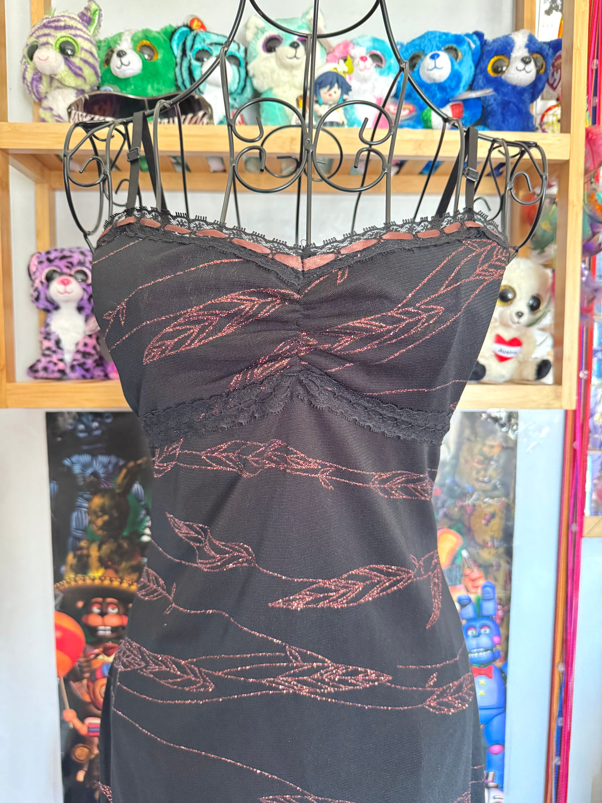 y2k vintage black asymmetrical hem mesh midi dress with bronze shimmer