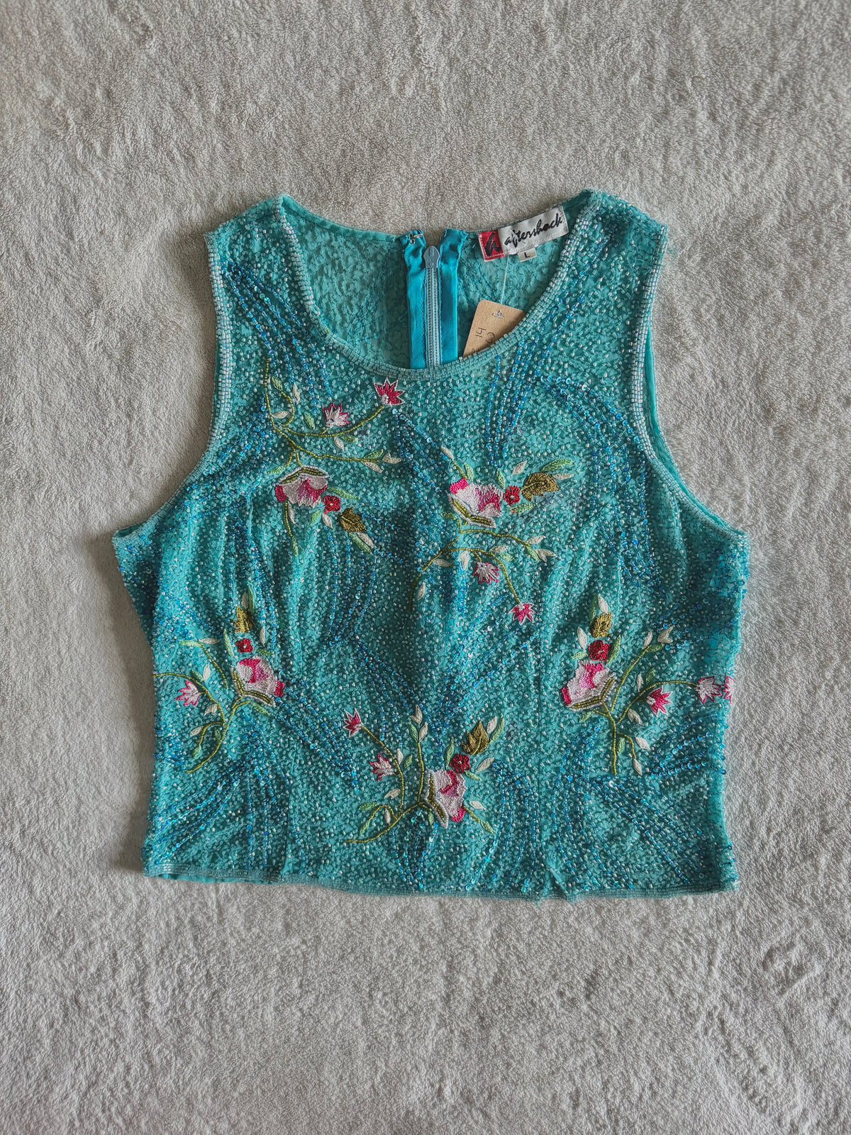y2k vintage turquoise blue heavily beaded silk fitted vest top mermaid