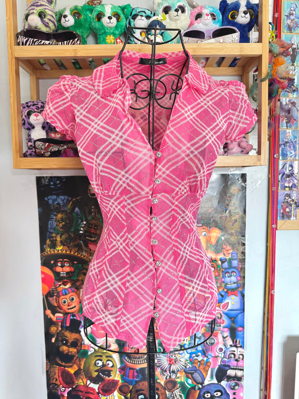y2k vintage rare hot pink plaid glittery button up sheer blouse with lace up back mcbling