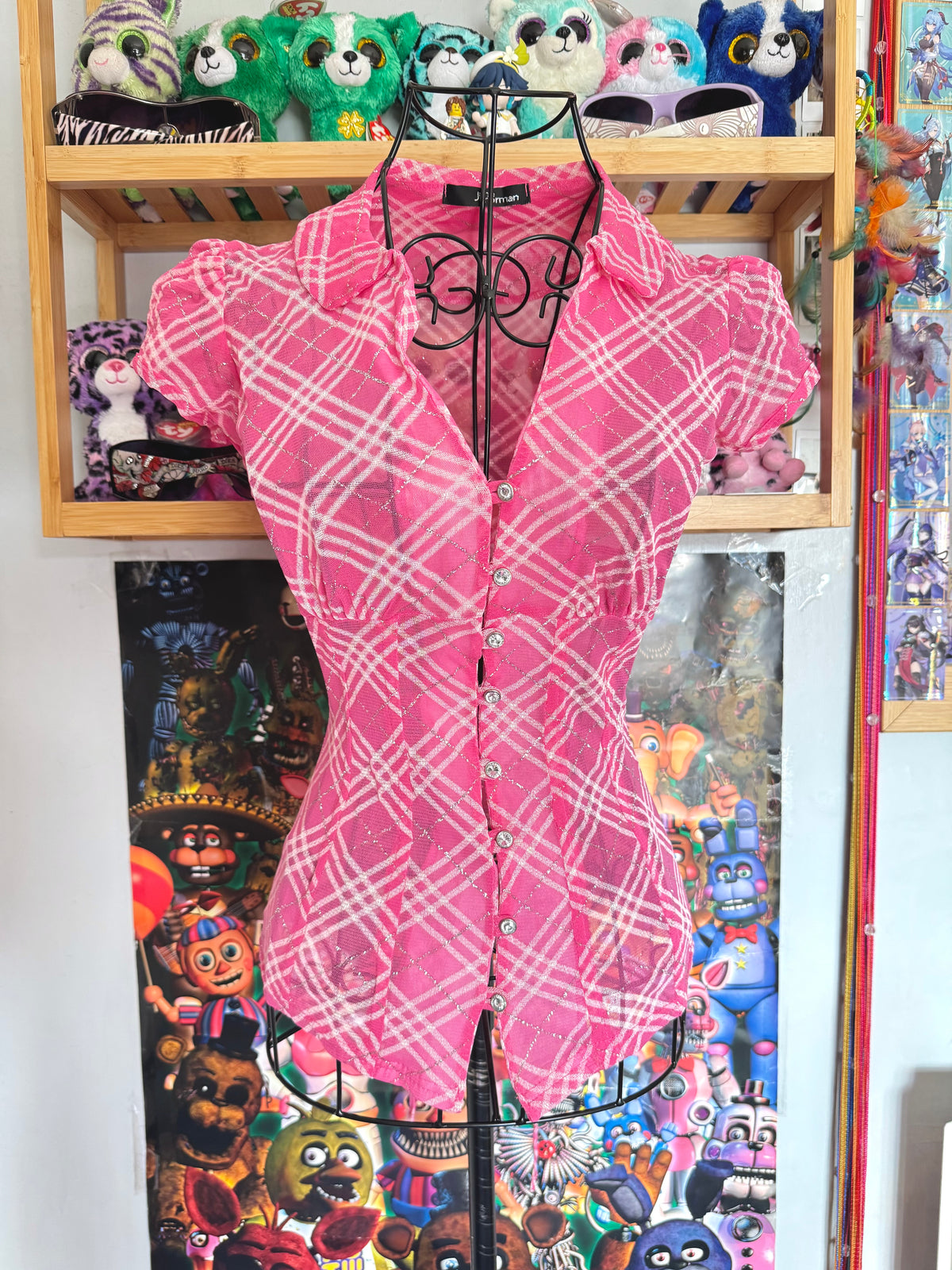 y2k vintage rare hot pink plaid glittery button up sheer blouse with lace up back mcbling