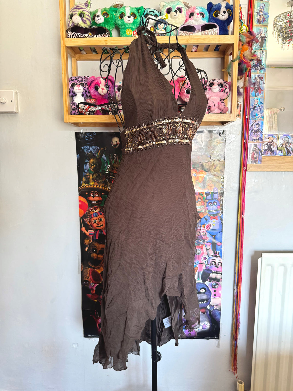 y2k vintage silk chocolate brown fitted asymmetrical fairy hem halterneck midi dress