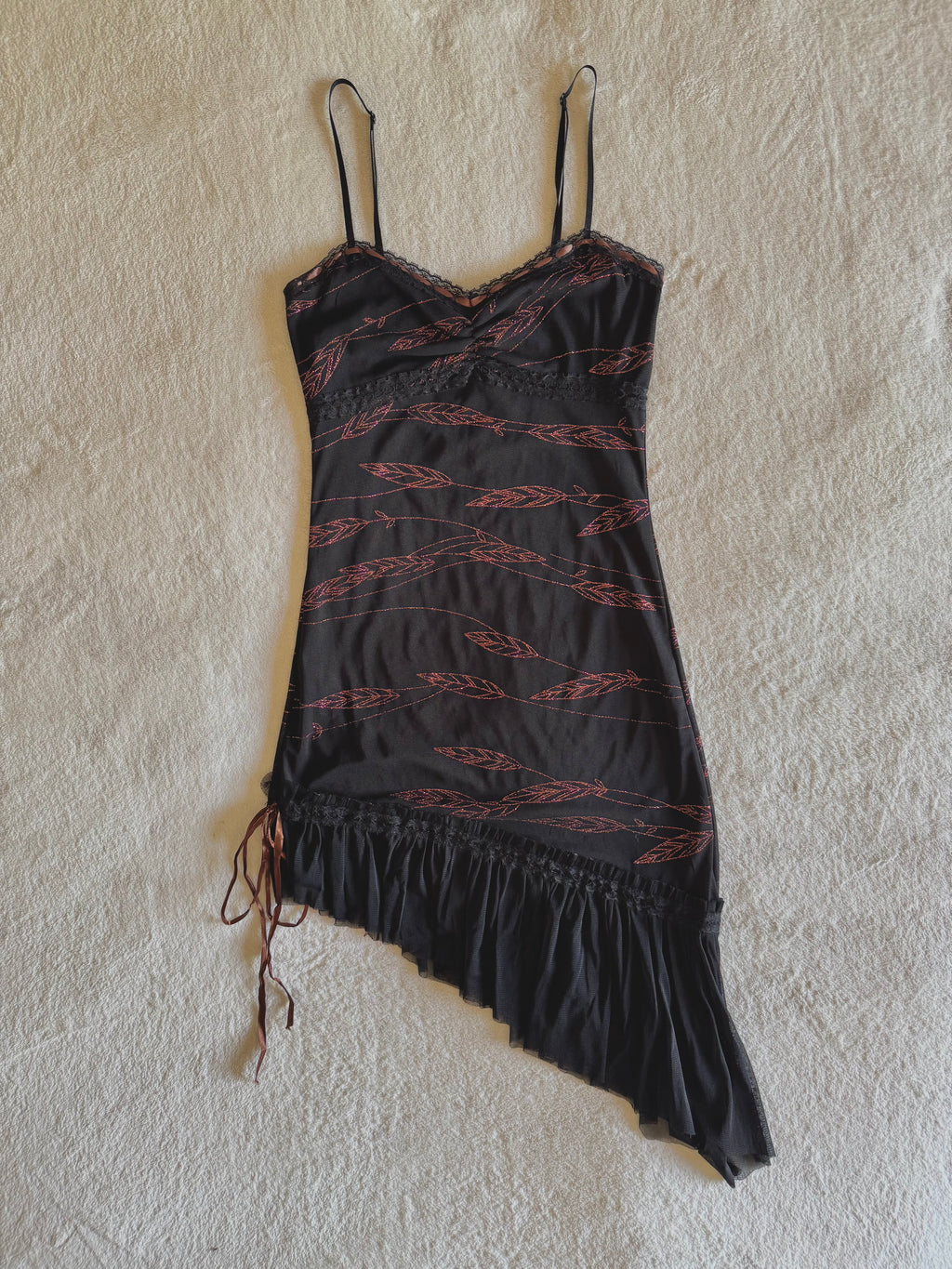 y2k vintage black asymmetrical hem mesh midi dress with bronze shimmer
