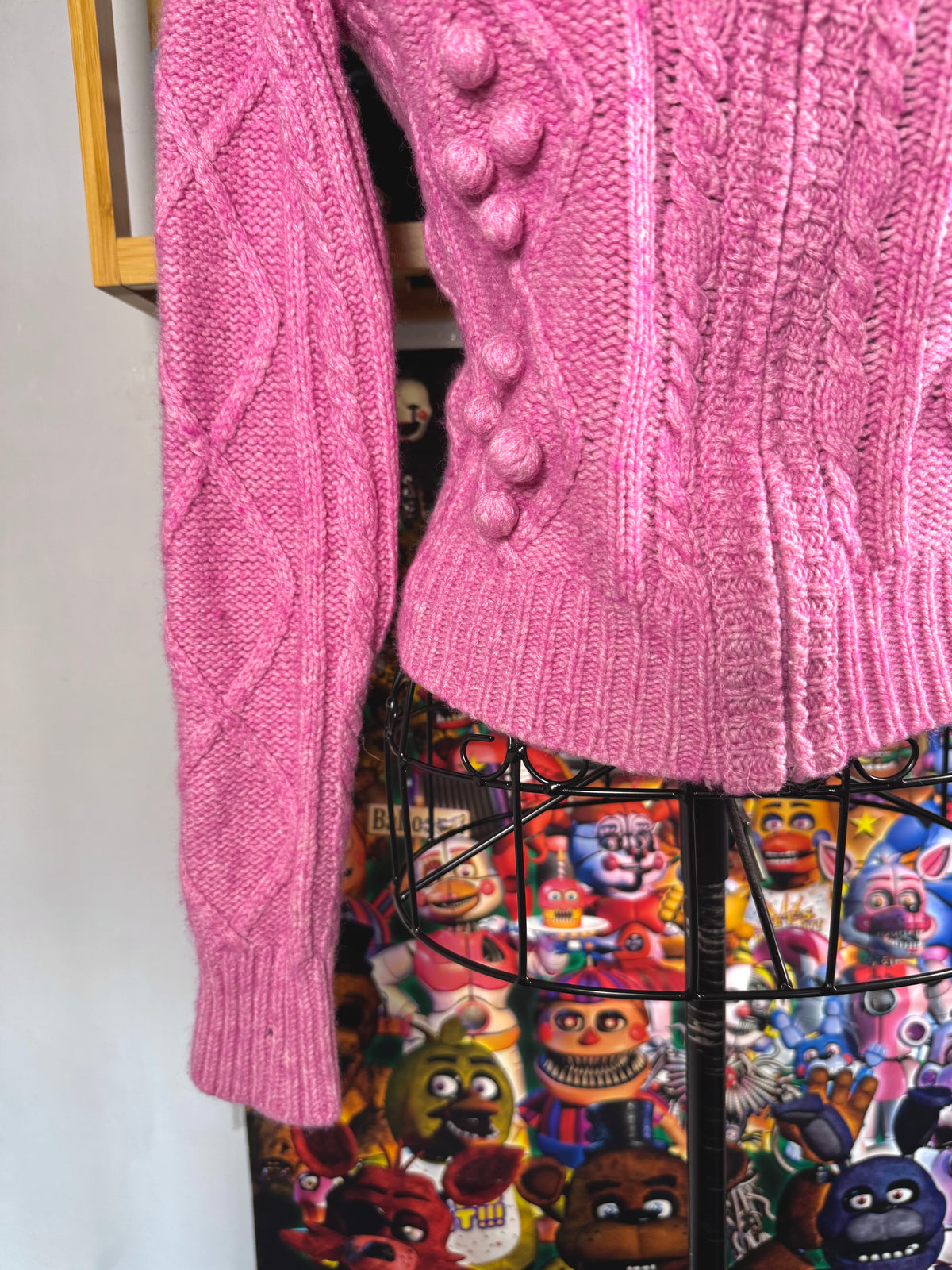 y2k vintage pink fitted cropped chunky cosy zip up jumper with bobbles