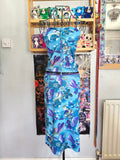 y2k vintage aqua blue h2o floral print two piece midi skirt and cami top set