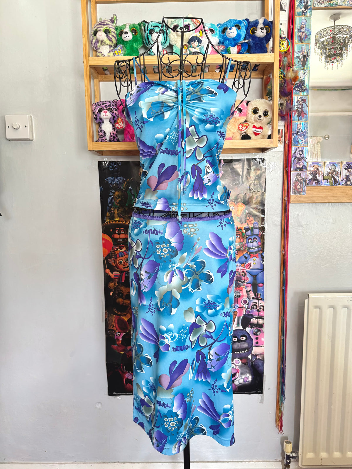 y2k vintage aqua blue h2o floral print two piece midi skirt and cami top set
