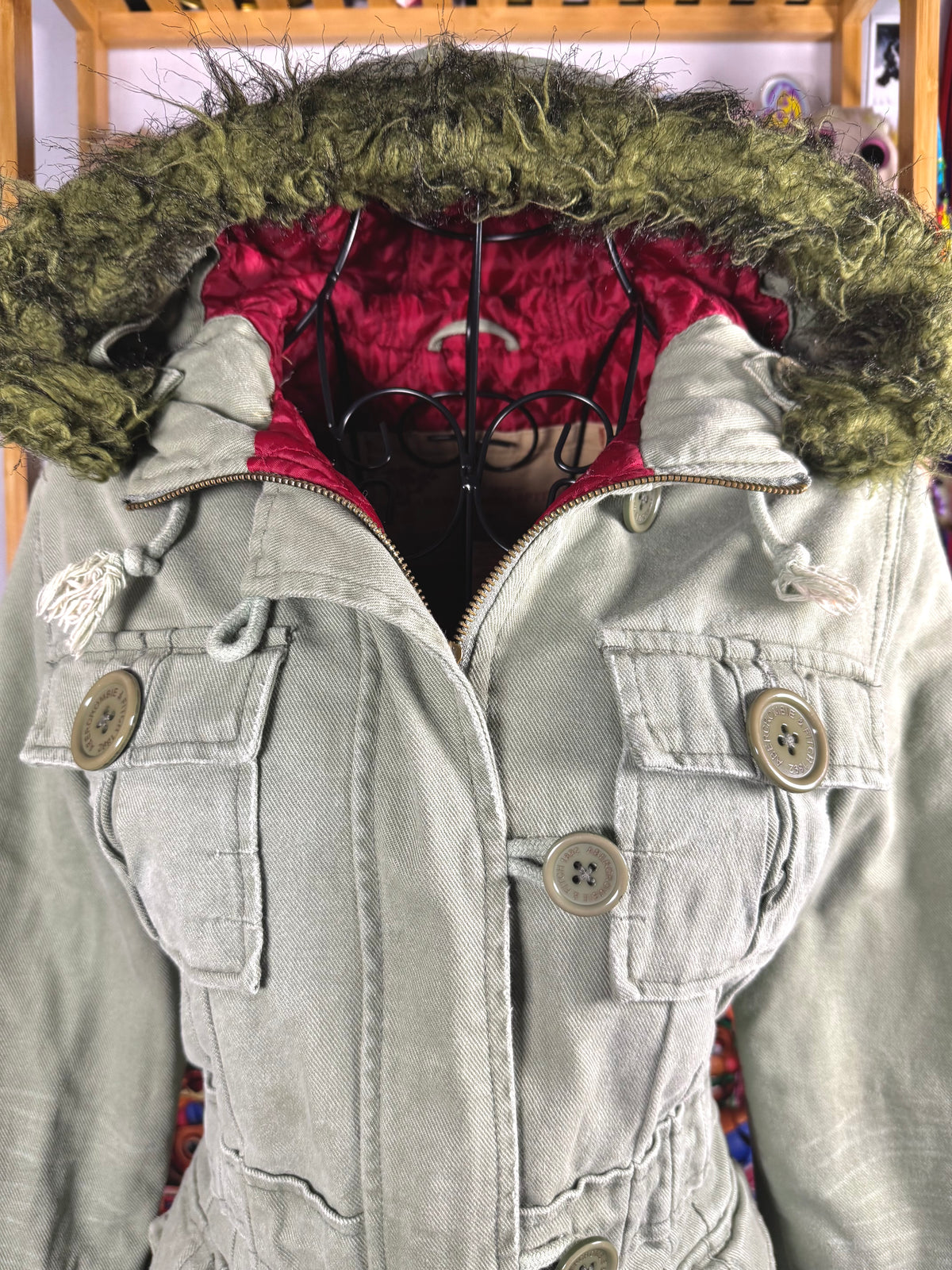 y2k vintage sage green fitted button up parka jacket with faux fur trim hood and cinch waist