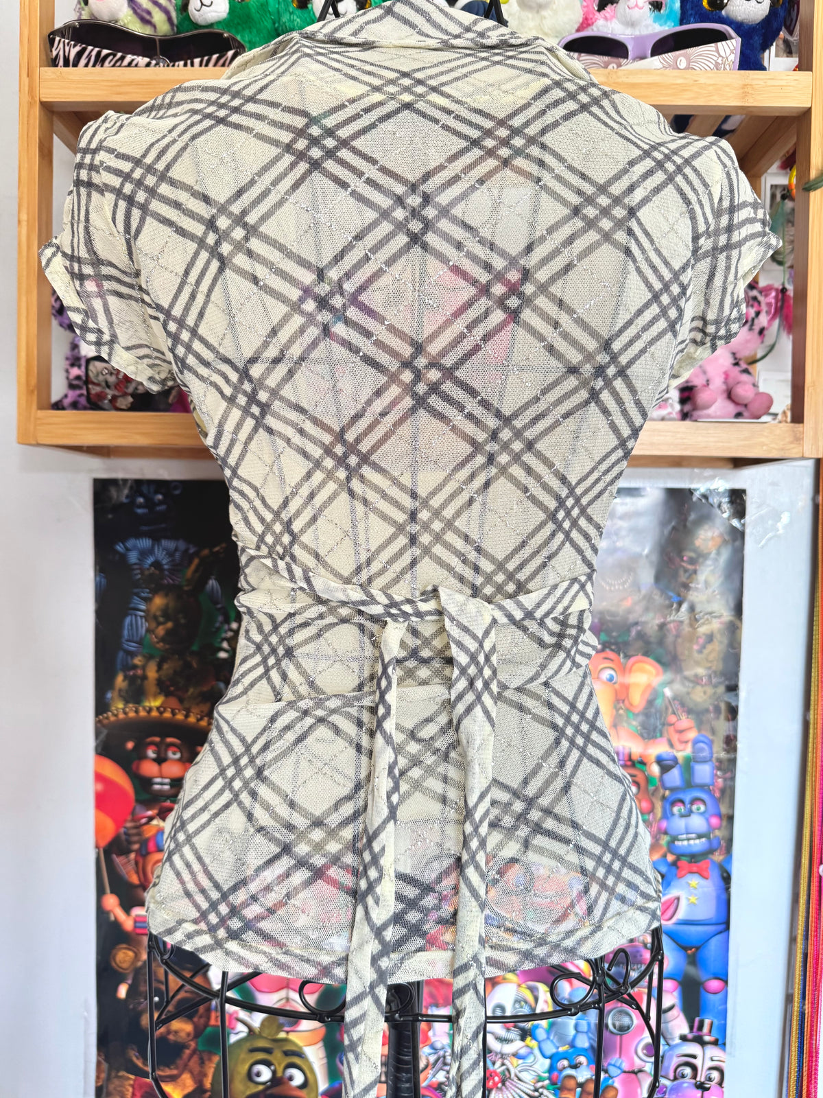 y2k vintage plaid print glittery tie back fitted blouse with built-in cami under