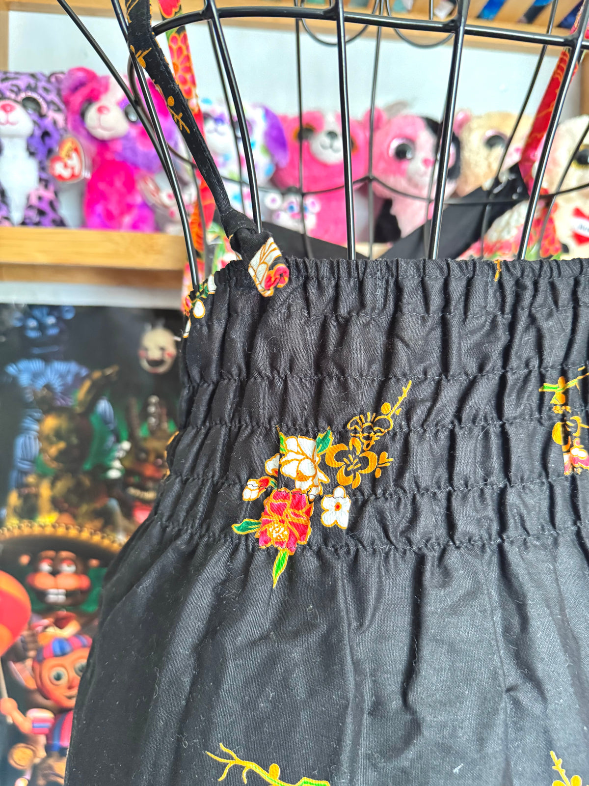 y2k vintage black and multi floral beaded fitted cami top
