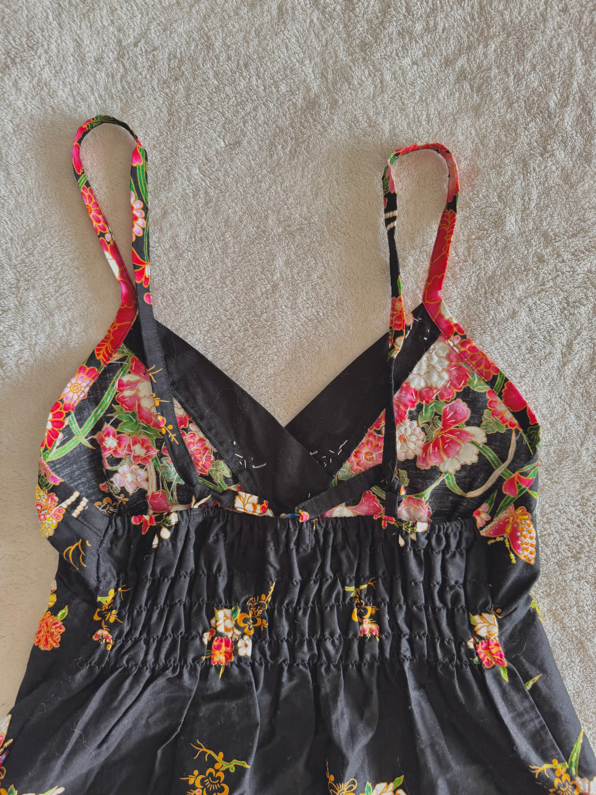 y2k vintage black and multi floral beaded fitted cami top