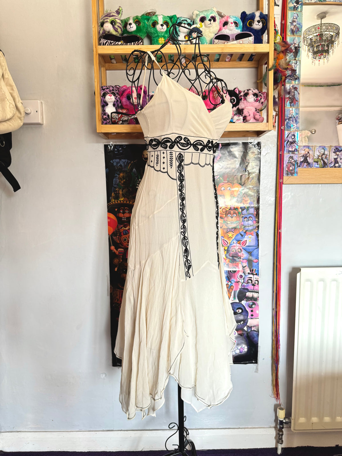 y2k vintage silk off white and black beaded midi dress with bulky layered hem fairycore