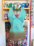 y2k vintage ombre brown and turquoise blue fitted halterneck floral embroidered top