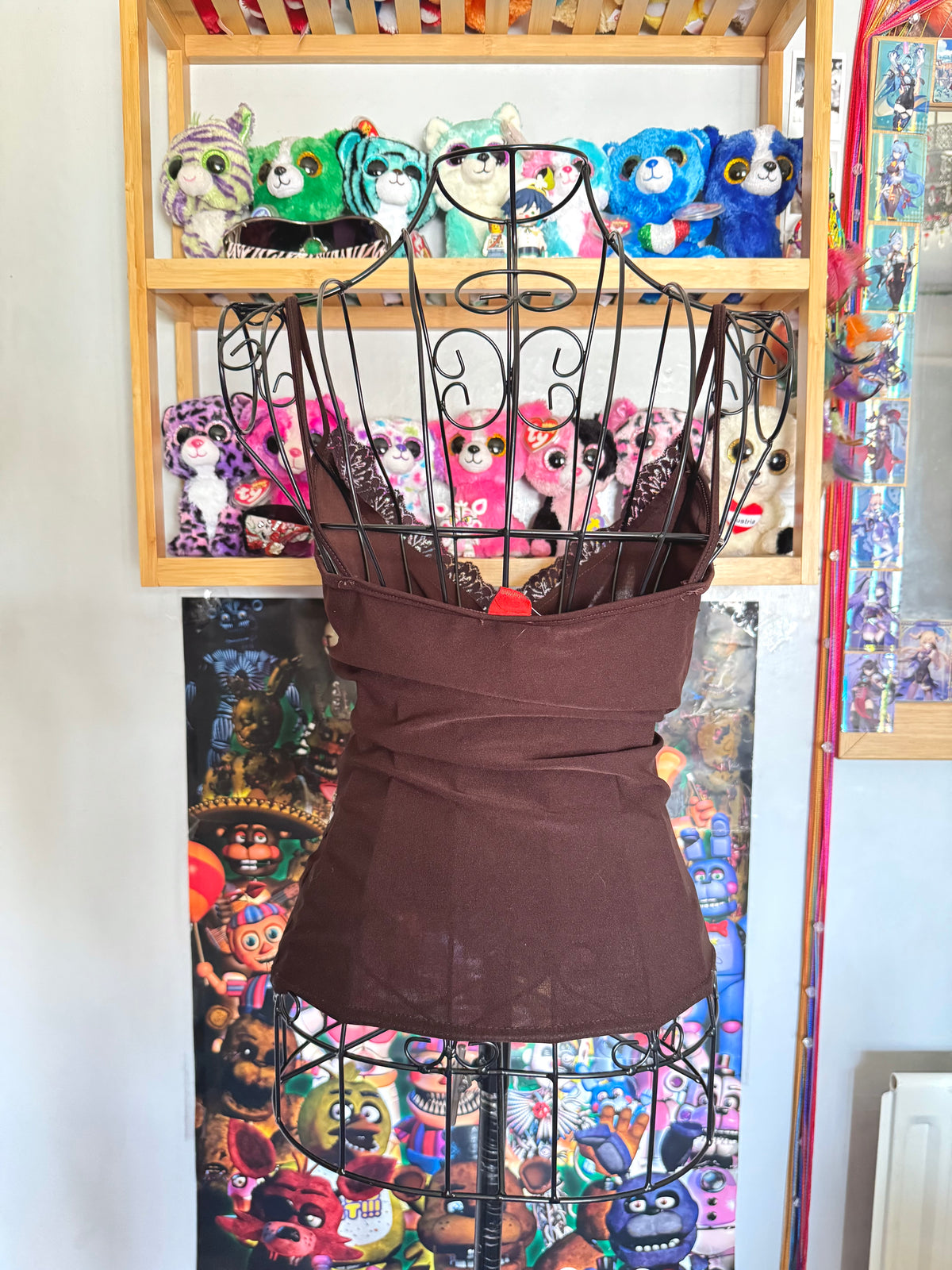 y2k vintage chocolate brown wrap style low cut sequin embellishment asymmetrical hem cami top