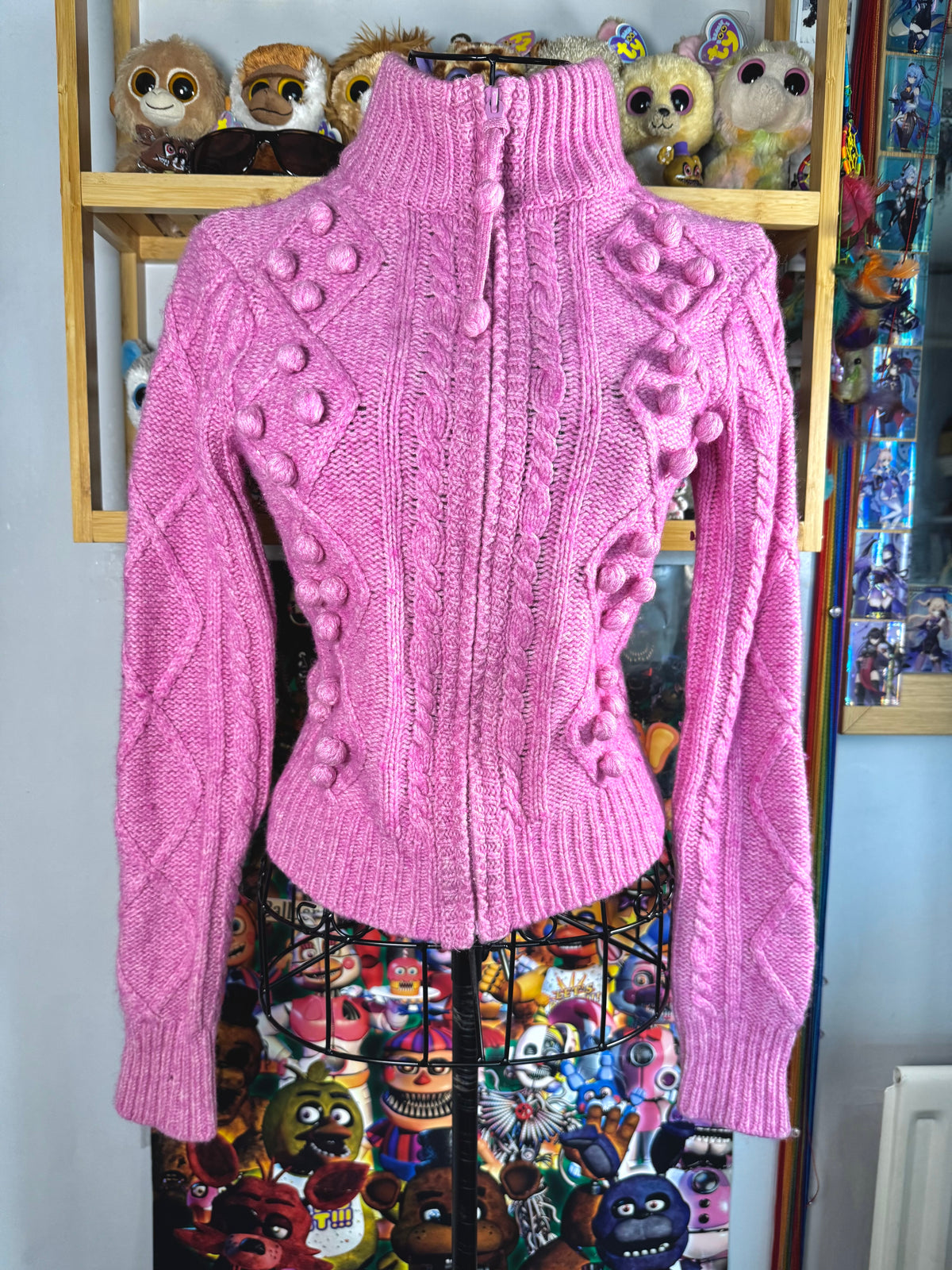 y2k vintage pink fitted cropped chunky cosy zip up jumper with bobbles