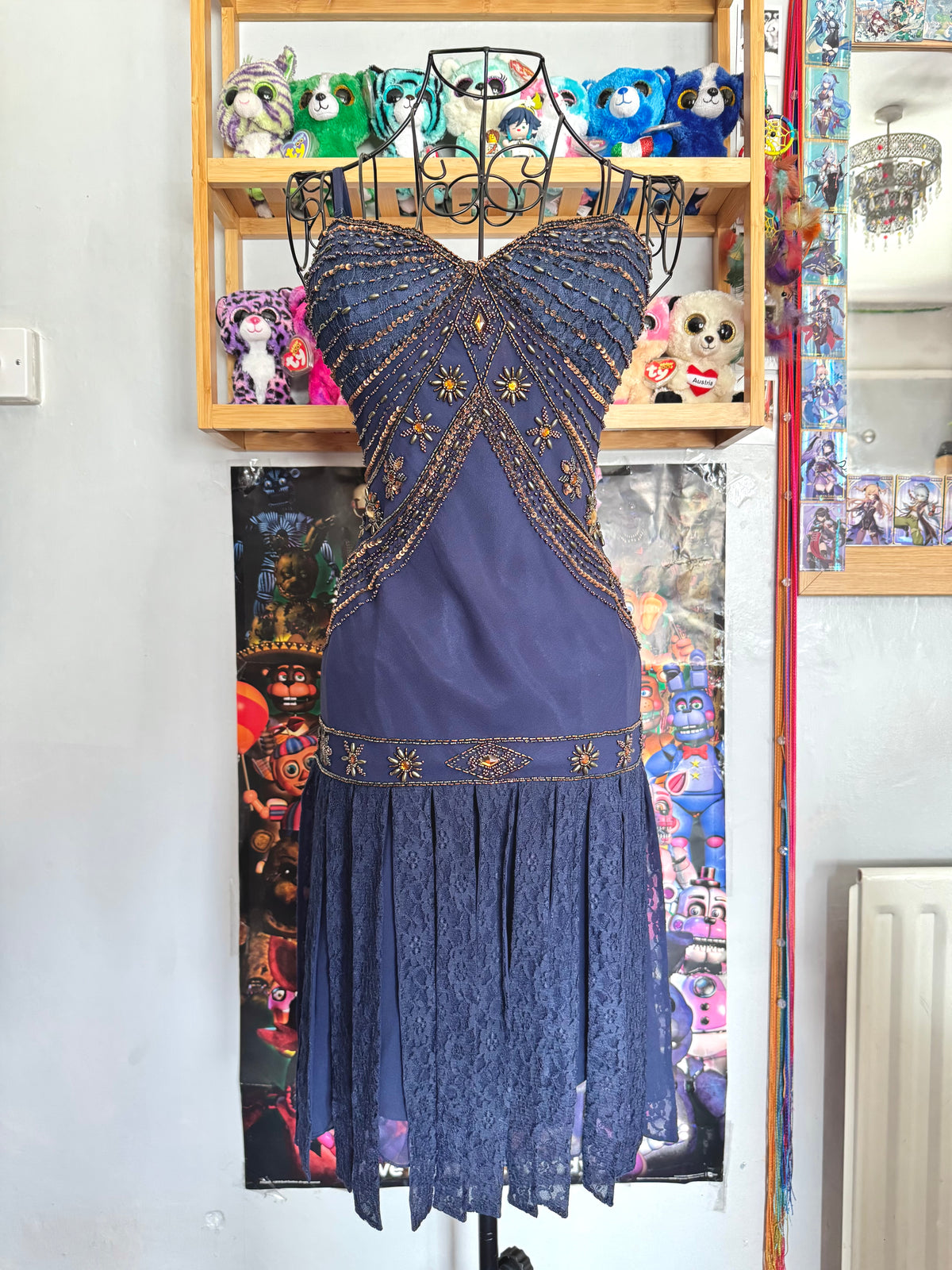 vintage 90’s royal navy blue silk dress gold and bronze beading embellishments astrology astronomy