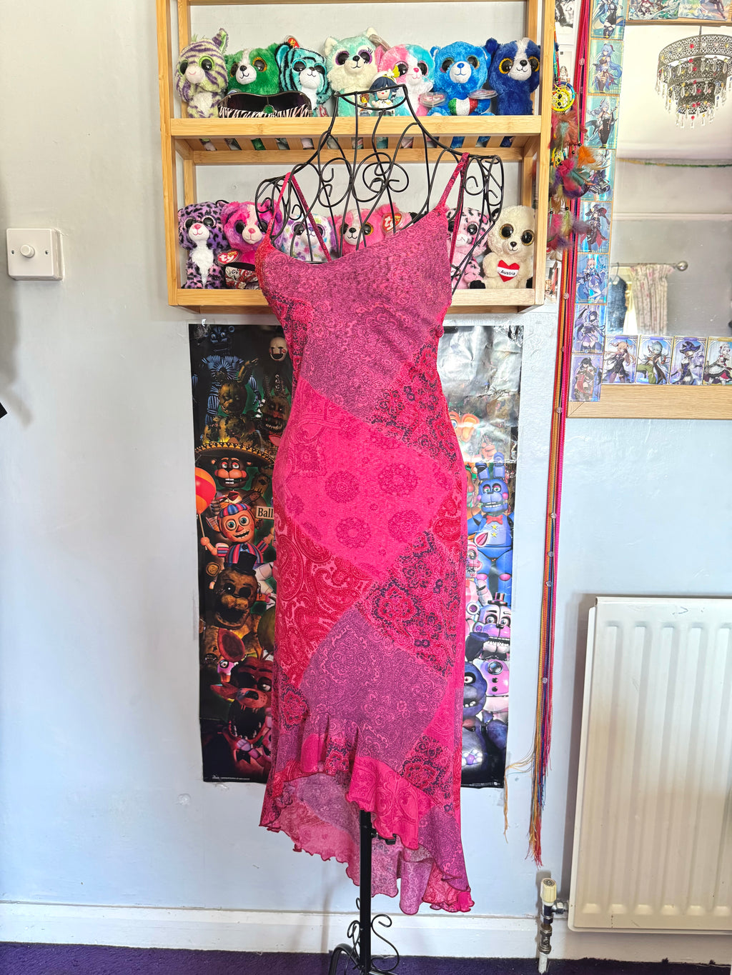 y2k vintage pink paisley print patchwork style midaxi length mesh dress