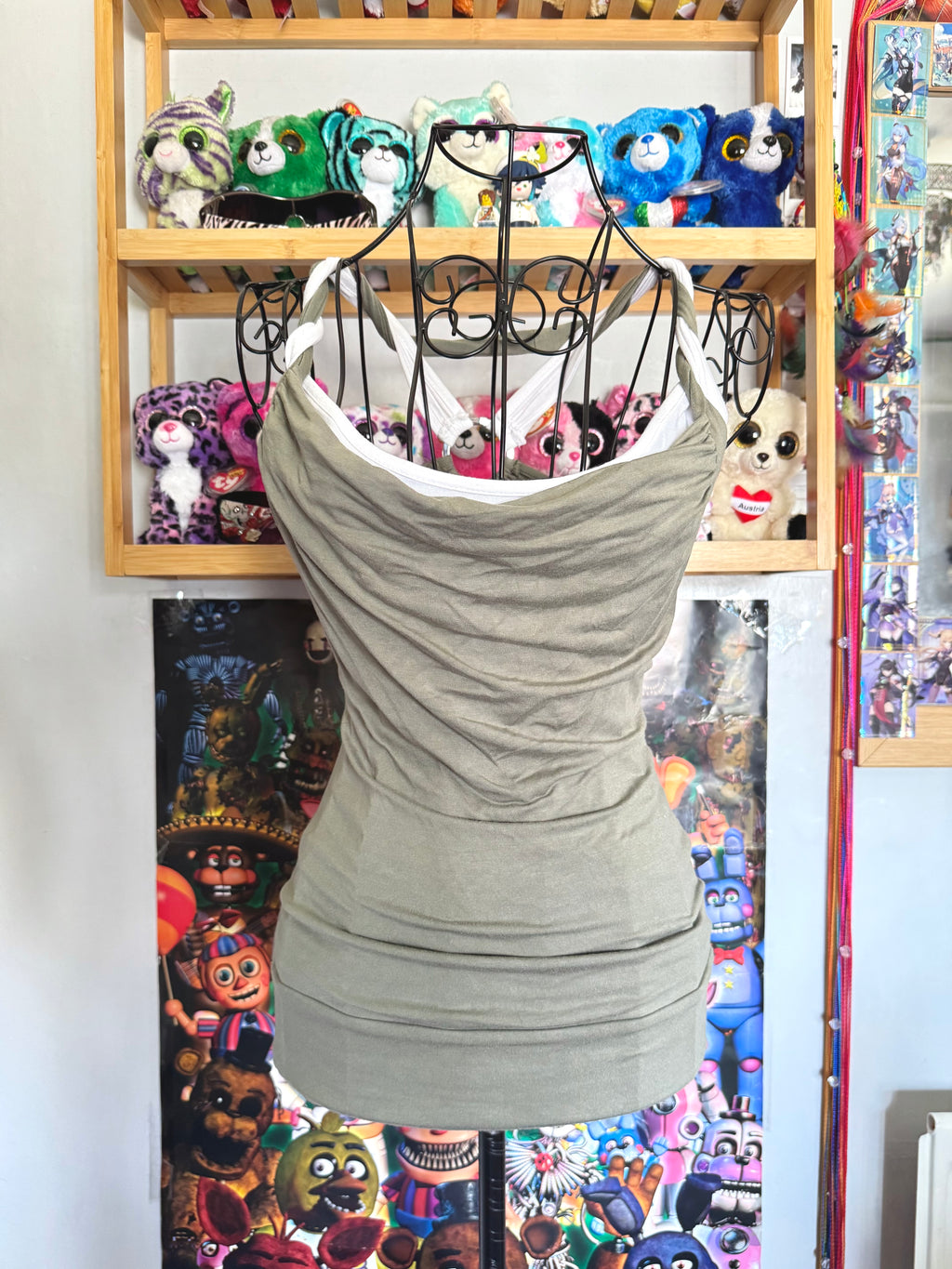 y2k vintage khaki green and white layered cowl neck fitted top with o-ring back