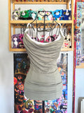 y2k vintage khaki green and white layered cowl neck fitted top with o-ring back