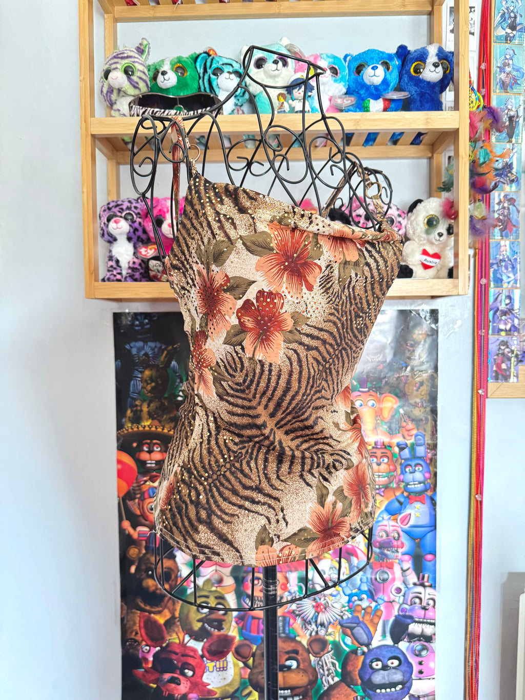 y2k vintage cowl neck fitted earthy vest top with mixed floral and animal print