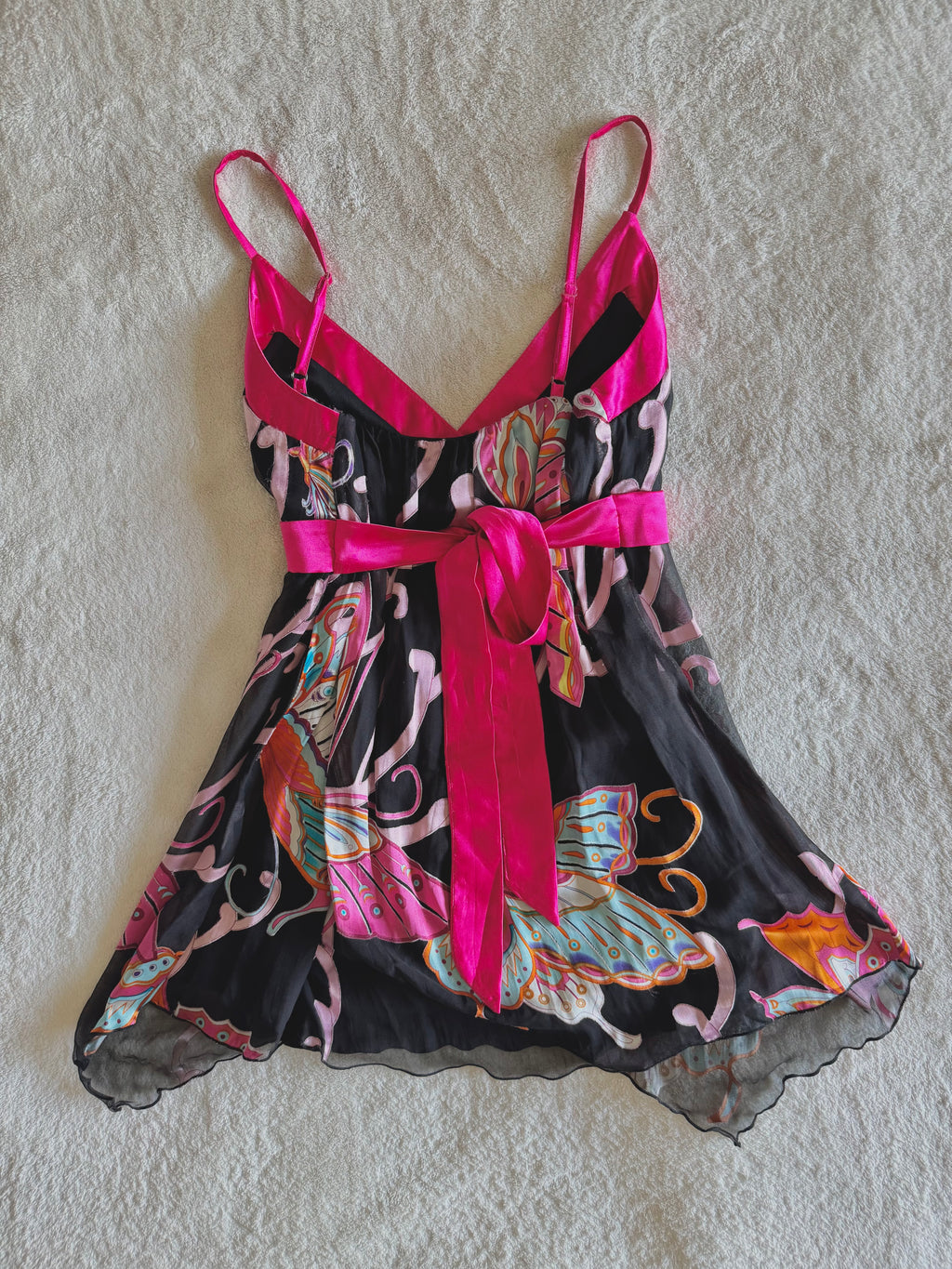 y2k vintage silk black and pink tie back butterfly cami top