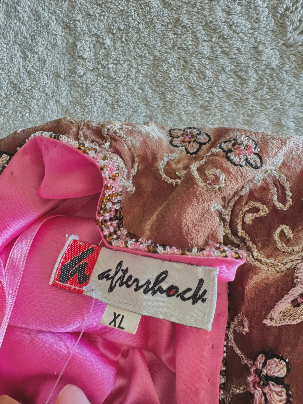 90’s vintage silk pink and brown beaded floral pattern halterneck mini dress fairycore