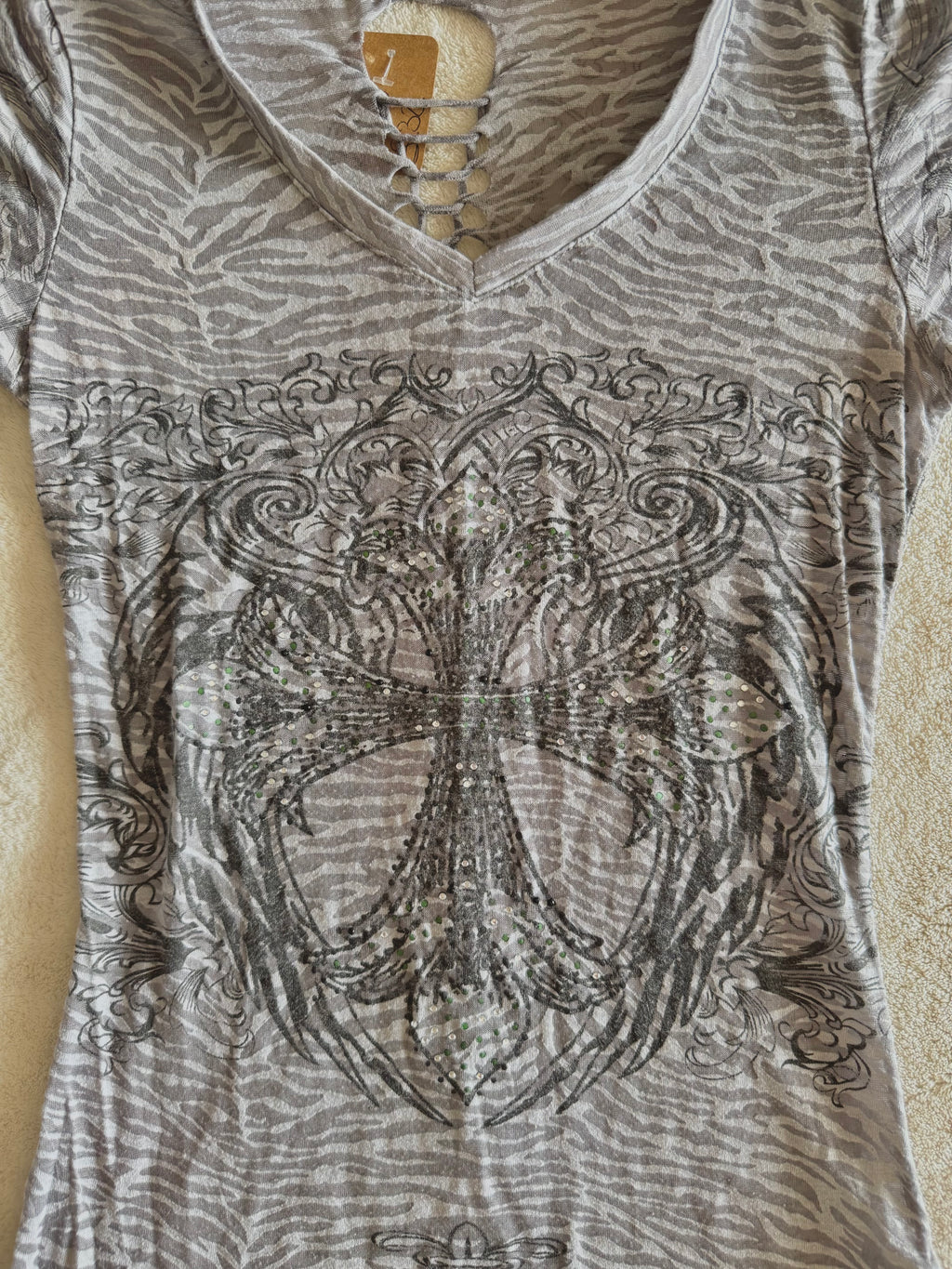 y2k vintage sheer graphic wings fitted tee with rhinestone embellishments affliction mcbling