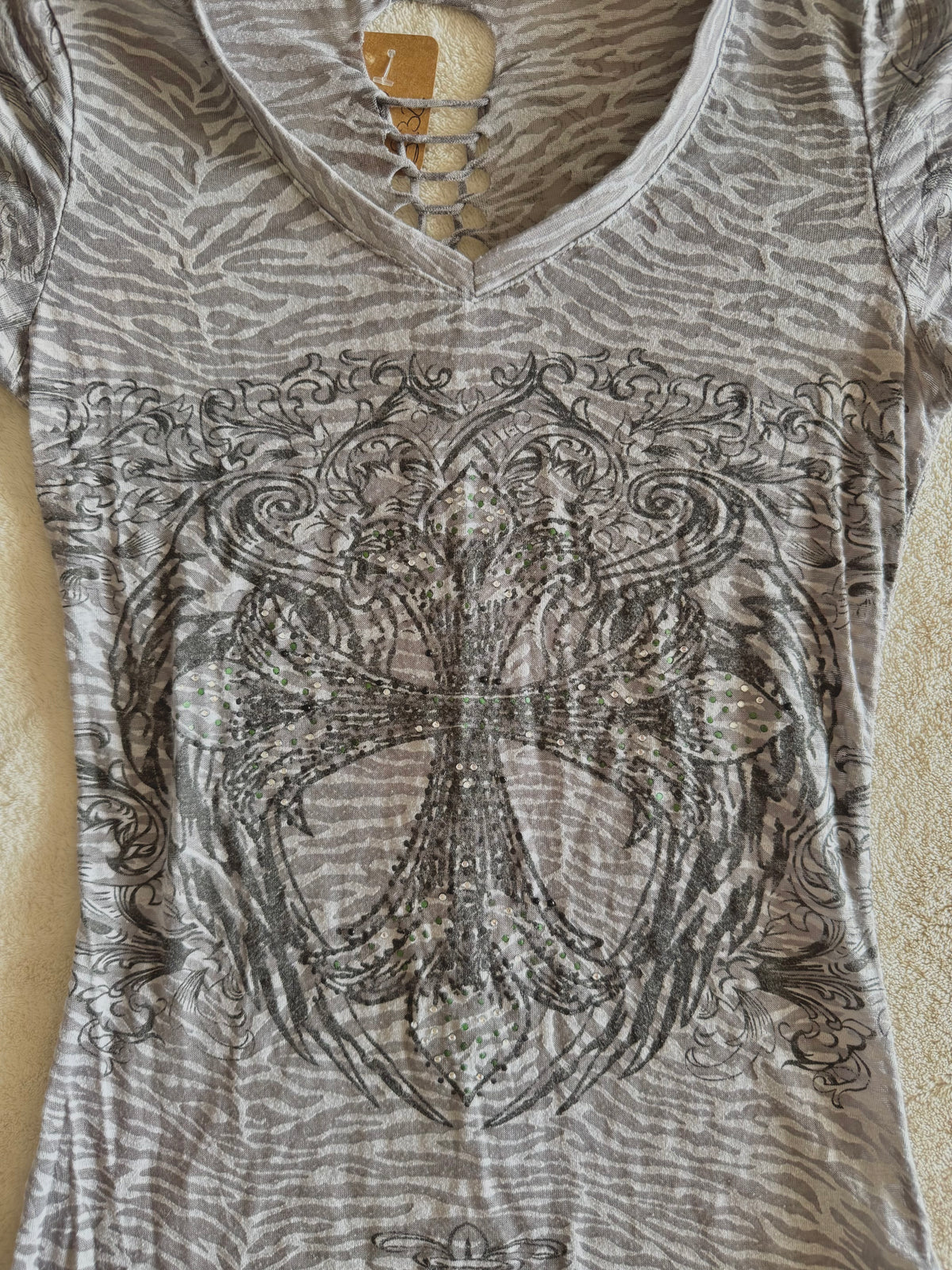 y2k vintage sheer graphic wings fitted tee with rhinestone embellishments affliction mcbling