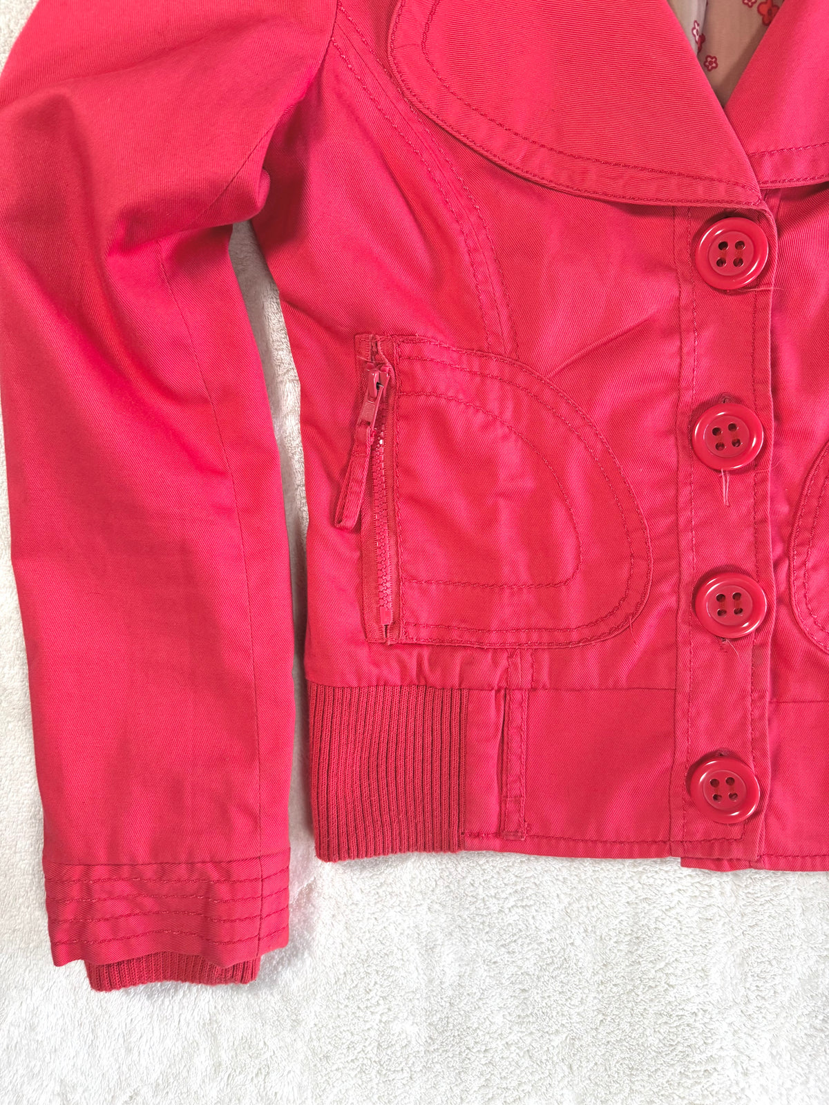 y2k vintage coral red fitted bomber jacket peacoat with zip pockets and chunky buttons
