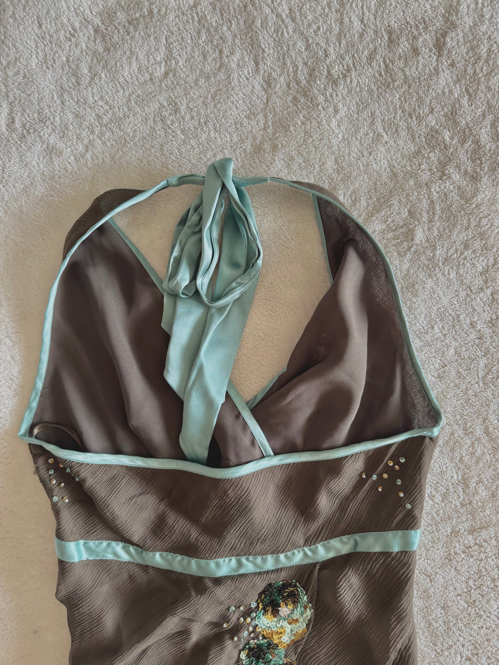 y2k vintage brown, turquoise silk asymmetric layered fairy halter cami top with sequins