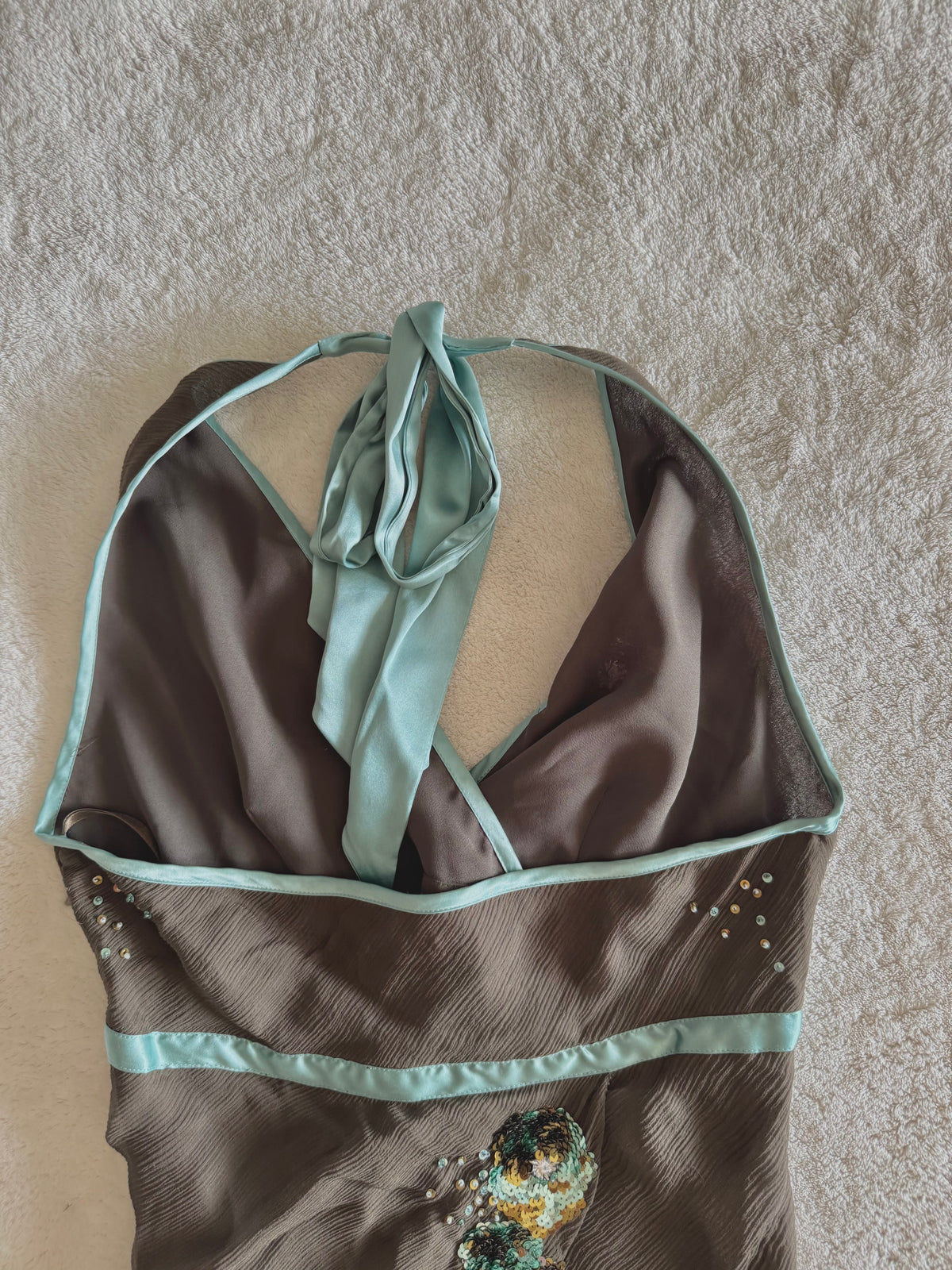 y2k vintage brown, turquoise silk asymmetric layered fairy halter cami top with sequins