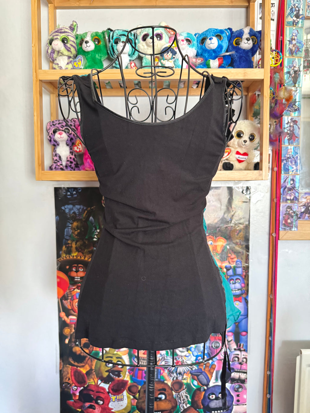 y2k vintage silk teal and black fitted asymmetrical hem vest top