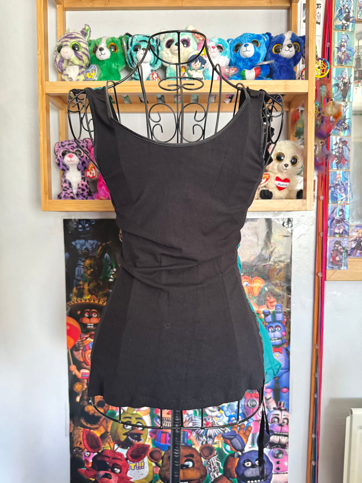 y2k vintage silk teal and black fitted asymmetrical hem vest top