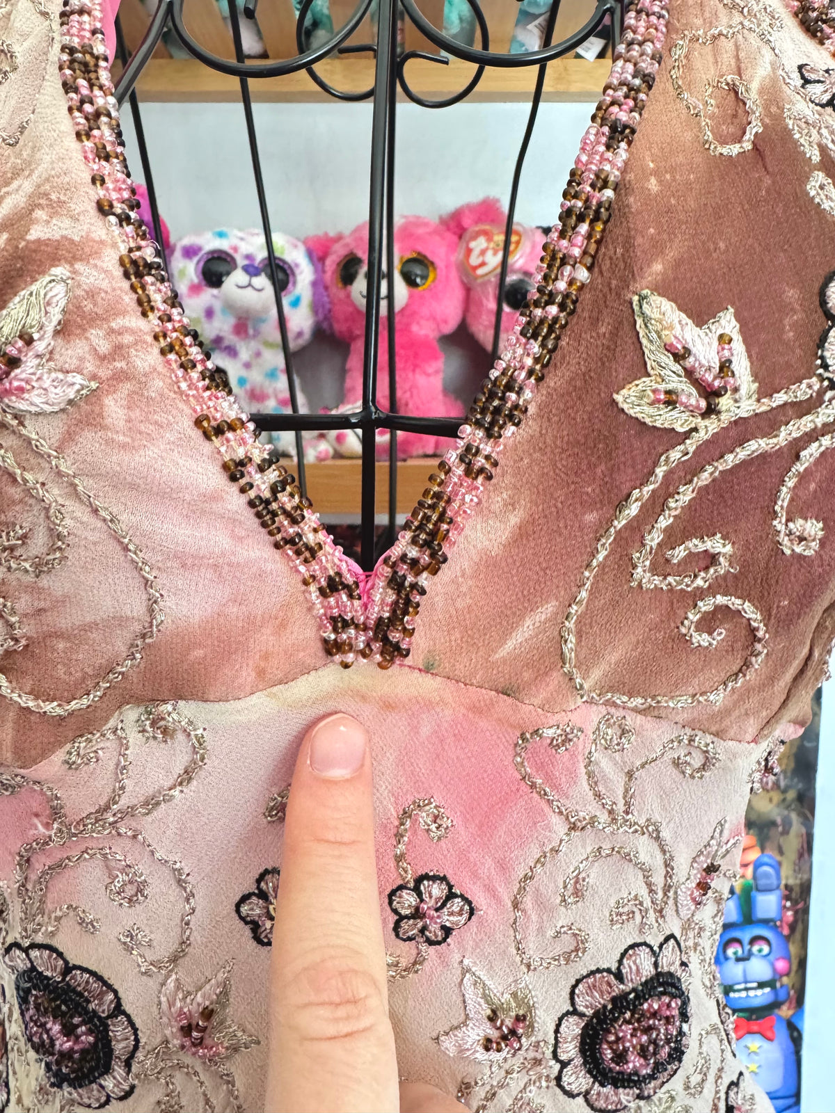 90’s vintage silk pink and brown beaded floral pattern halterneck mini dress fairycore