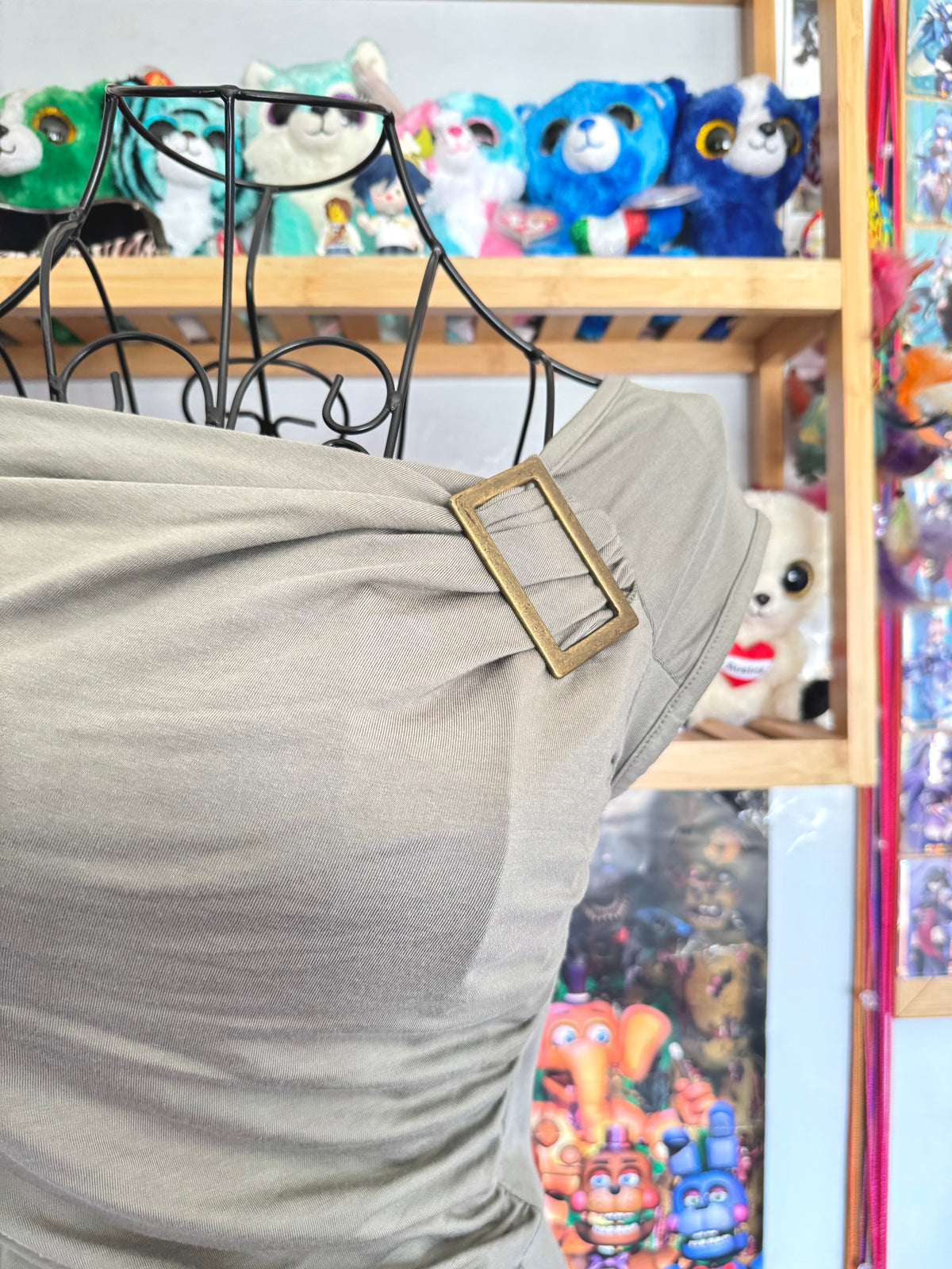 y2k vintage khaki green ruched fitted off shoulder fitted top with golden buckle detail