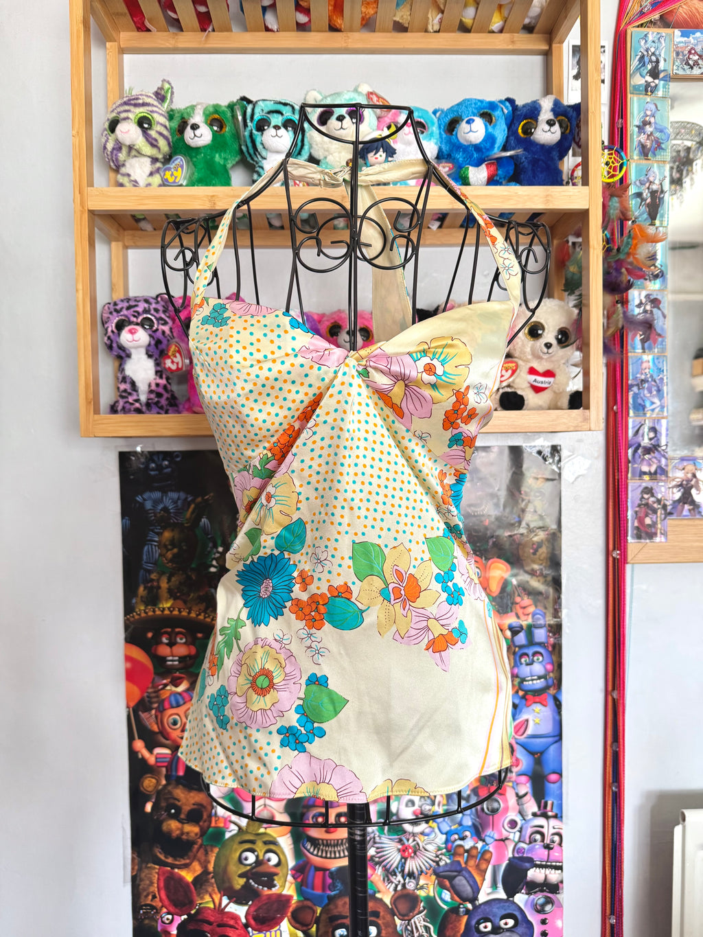y2k vintage fitted silk floral ruched halterneck cami top