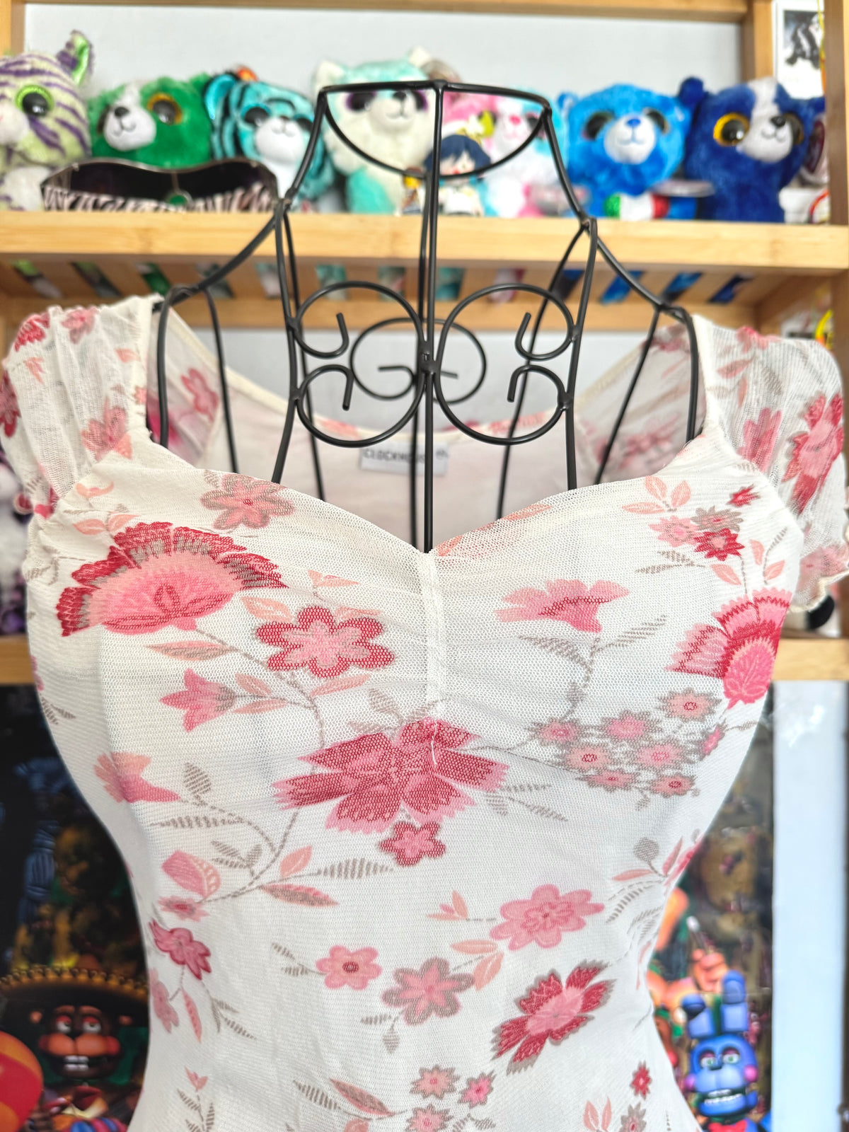 y2k vintage mesh floral print milkmaid style top with lettuce hem coquette