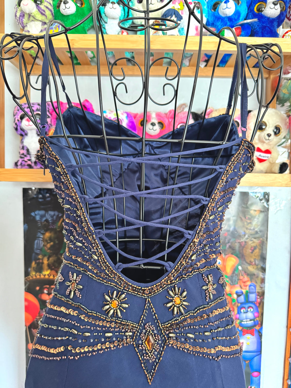 vintage 90’s royal navy blue silk dress gold and bronze beading embellishments astrology astronomy